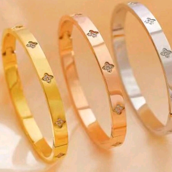 1pc Fashionable Flower & Cubic Zirconia Decor Stainless Steel Bangle - Picture 2 of 2